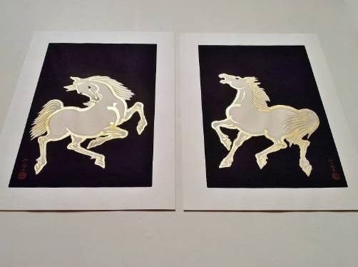 Nisaburo Ito pair woodcut vintage prints `Gold Horse`, 1950`s ca, Japanese